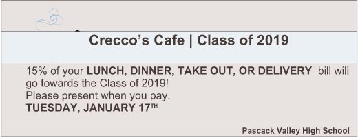 PVClassof2019's tweet photo. Support the Class of 2019 at Crecco's Cafe located in River Vale tonight! 15% of your bill goes to our class when you pay. #CrecGOforProm https://t.co/DKlsMGZrbx
