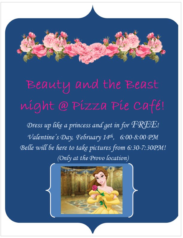 PPCProvo's tweet image. Come join us on Valentine's Day from 6-8pm. Dress as a princess and eat for free! Belle will be here, as well! #provoppc #ValentinesDay