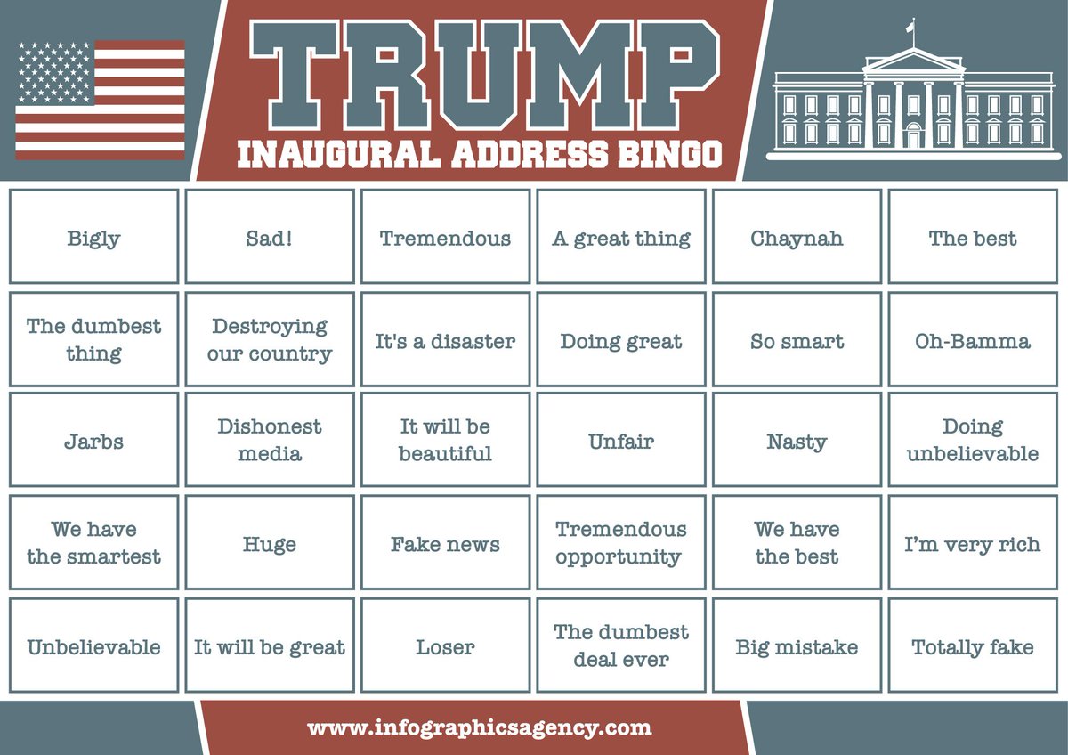 _Infographic's tweet image. Bigly, Huge, The best, Tremendous ... yes folks, it's the #Trump inaugural address bingo card from @_Infographic and @glovelace!