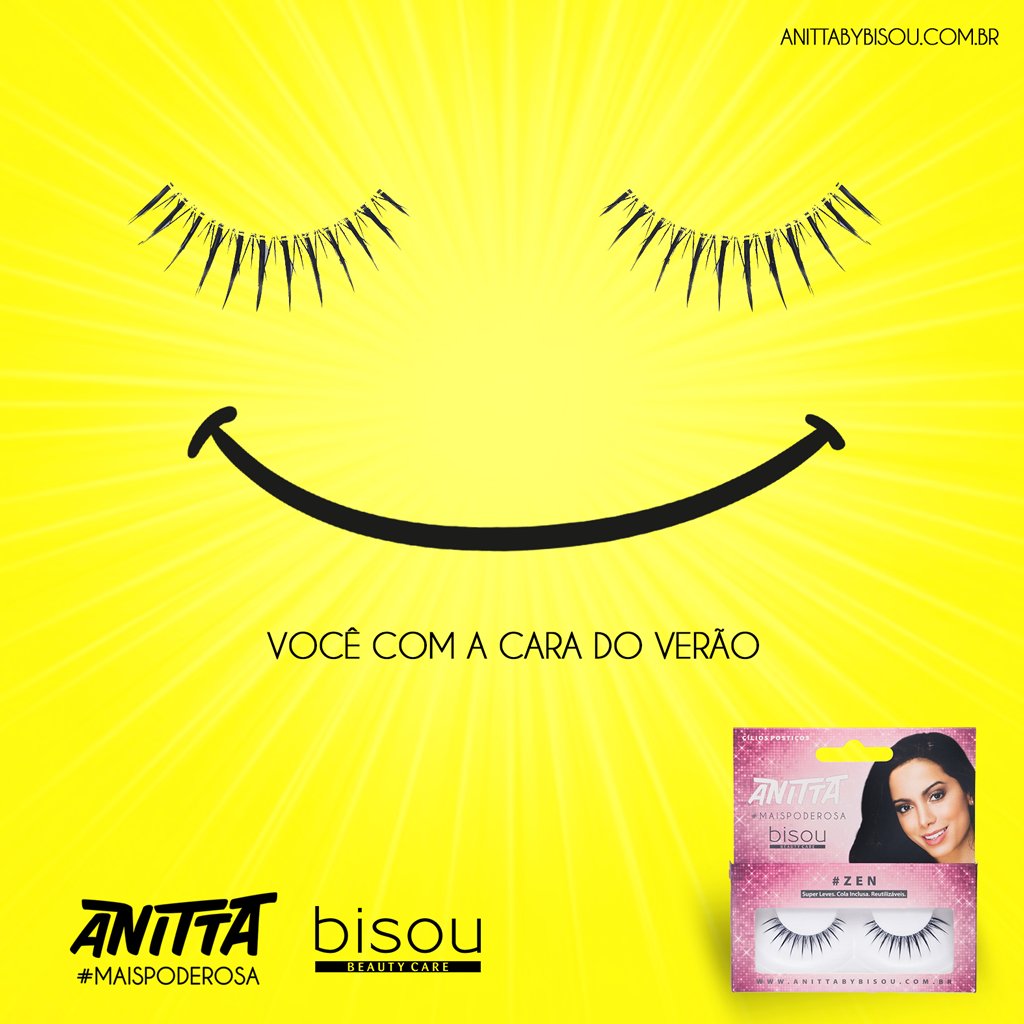 Anitta's tweet photo. Quem disse que cílios postiços não combinam com maquiagens básicas e com o verão? O modelo #Zen é perfeito com makes leves @bisoubc https://t.co/kYGpHJuLRe