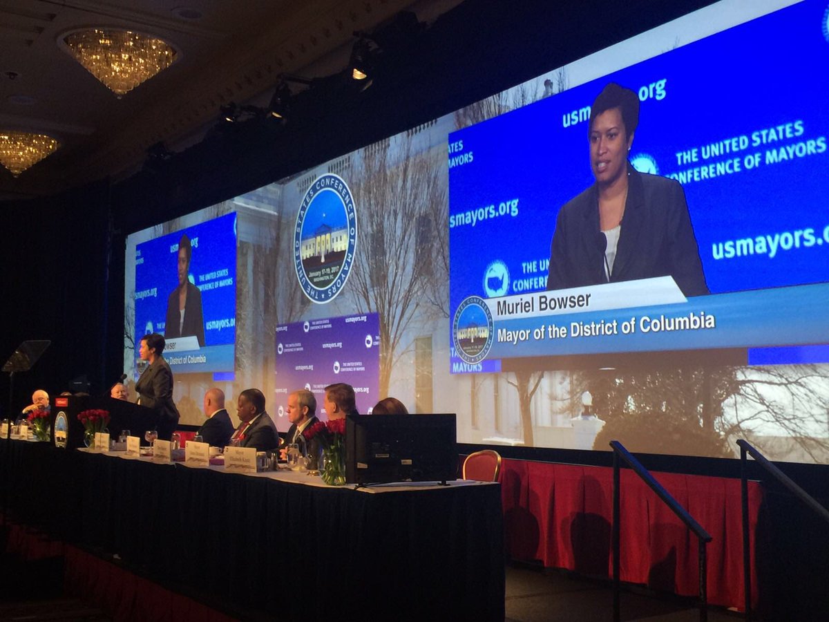 MurielBowser's tweet photo. To America's mayors -

Welcome to my hometown and soon to be the #51stState: Washington, DC

#DCStatehood 

#USCMwinter17 https://t.co/8biT36hKT8