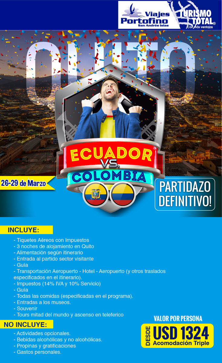 VIAJESPORTOFINO's tweet photo. Vive la pasión del deporte con Viajes Portofino  
Tel. 512 2210//512 2230 Cel. 317 6450964 - 317 6450959
COLOMBIA VS. ECUADOR https://t.co/tJJW7LMI6p