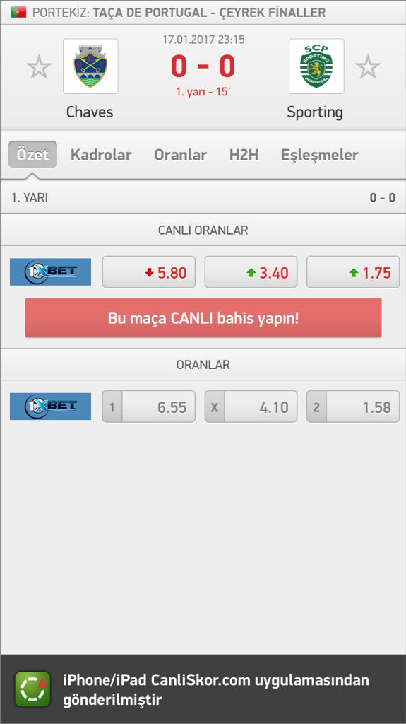 iddaa83's tweet image. Chaves - Sporting 0:0  

İy 0.5 üst