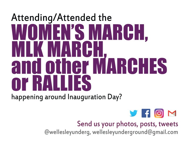wellesleyunderg's tweet photo. Call for submissions! #WomensMarch #MLKMARCH #inaug2017 #inaugurationday #marches #rallies #wellesleyalums https://t.co/wFW803ZWUX