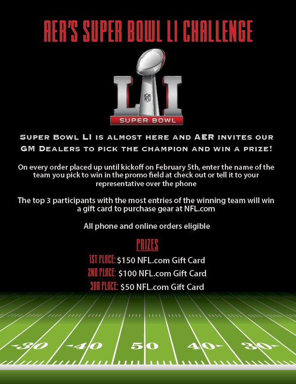 AERpcb's tweet photo. Giveaway time! AER is hosting a Super Bowl Challenge for all General Motors Dealers! Top prize is $150 to https://t.co/9PE8AIBgl1! https://t.co/pRyZTJjF1e