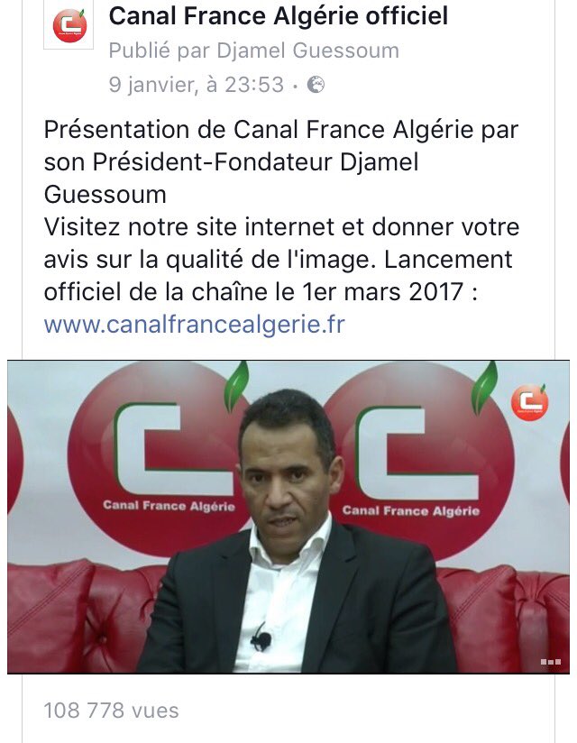 CFranceAlgeriie's tweet photo. Vidéo de présentation de Canal France Algerie vue 108 772 fois sur Facebook. Une dynamique incroyable autour de cette Chaine, merci ! https://t.co/uOAN7w1ehO