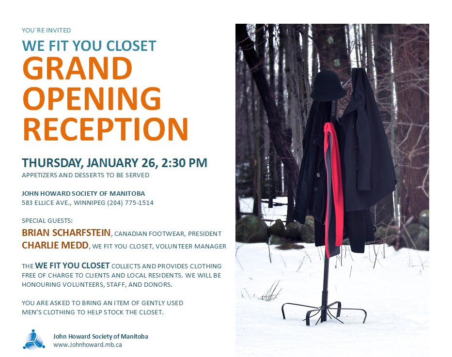 In Winnipeg? Come to our grand opening for "We Fit You Closet,"  Thursday, January 26, 2:30 p.m. Appetizers and desserts served.
