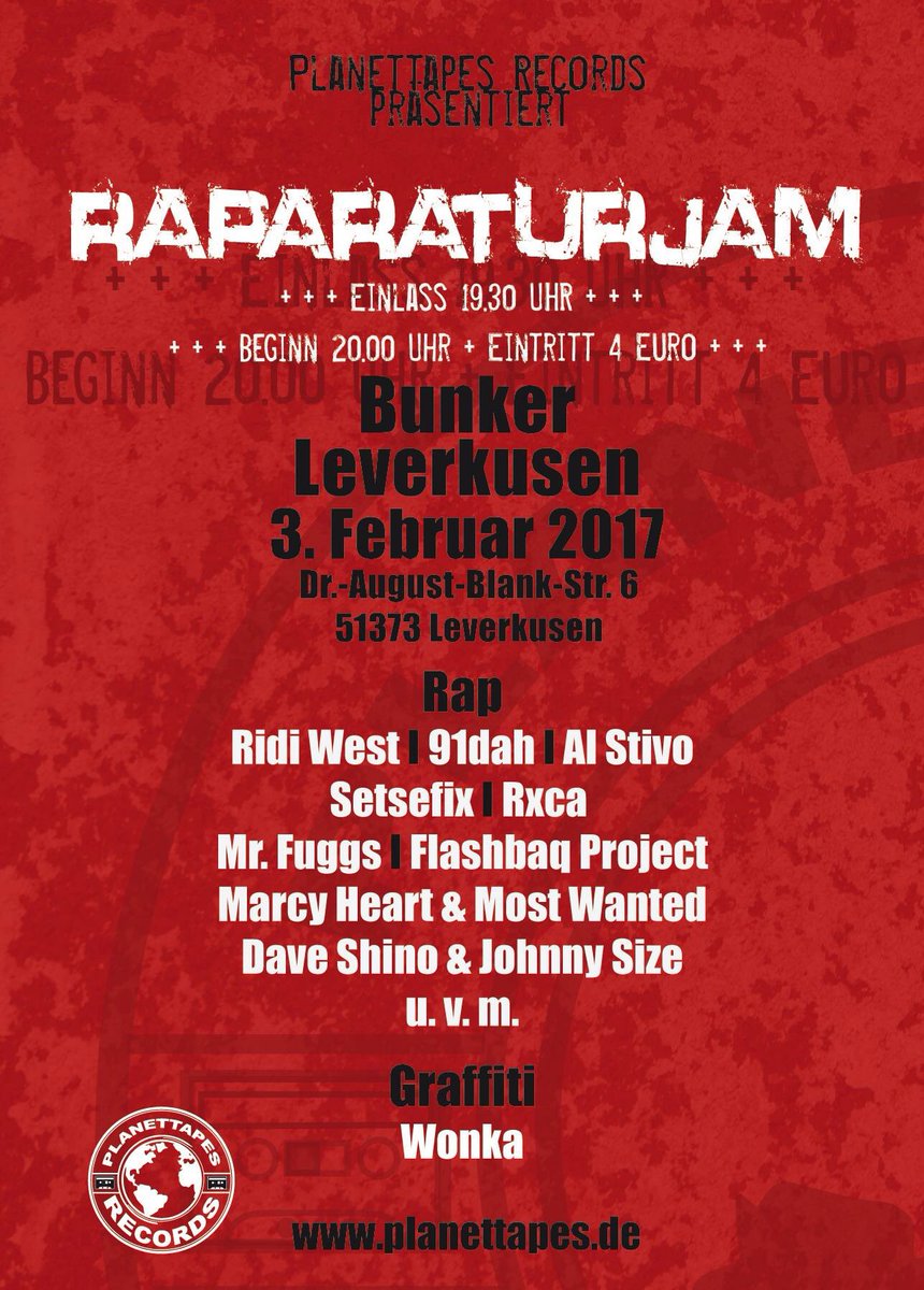 Planettapes1's tweet photo. Die Nächste RAParatur Jam in Leverkusen am 03.02 im Bunker!! 
https://t.co/8rm6FLbXTg… #planettapes #raparaturjam #leverkusen #hiphop #rap https://t.co/lrtUhYMdxc