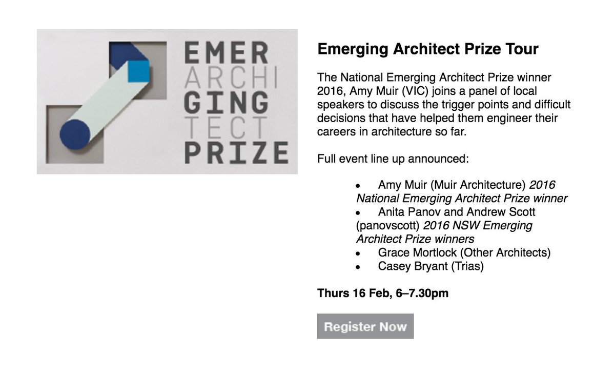 ShaunCarter70's tweet photo. Come C our National Emerging #Architect @MUIR_ARCH speak
@ArchitectureNSW @AusINSArchitect
also with @panovscott @gracemortlock #CaseyBryant https://t.co/vZUFmP99Vk