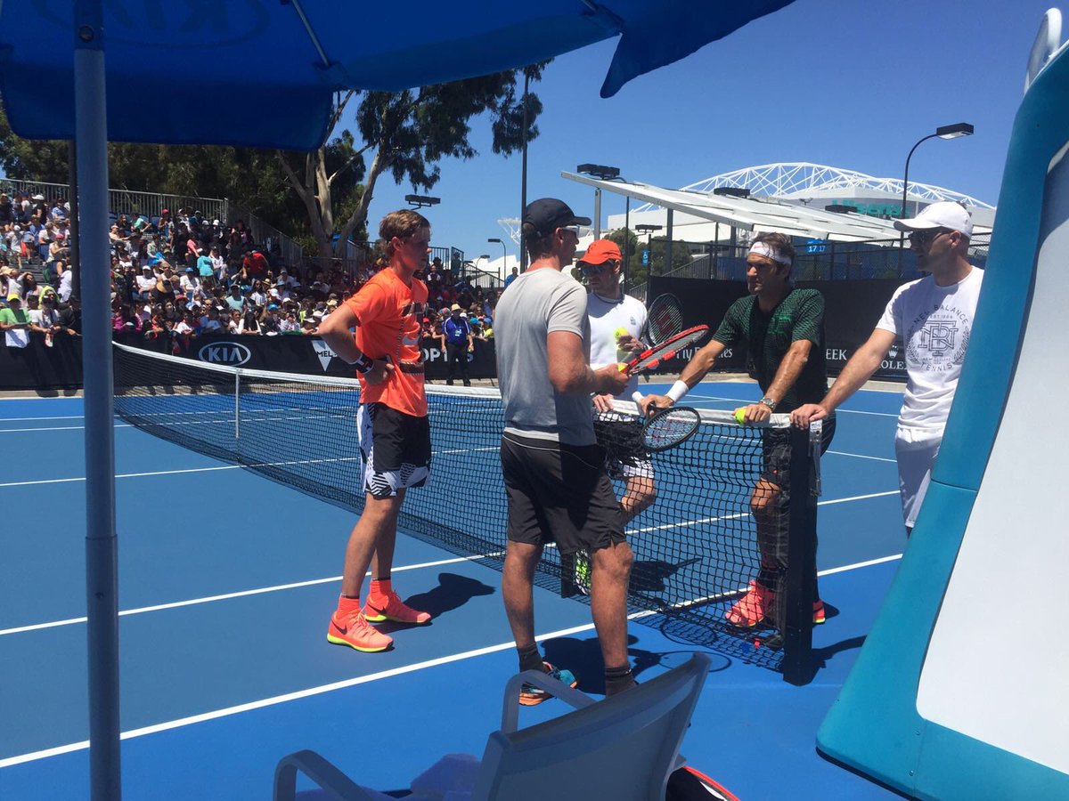 AustralianOpen's tweet photo. 🇦🇺 youngster Blake Ellis had the best hit of his life today, joining 🇨🇭@rogerfederer on court for practice! #ausopen https://t.co/5R9DLGjUBB