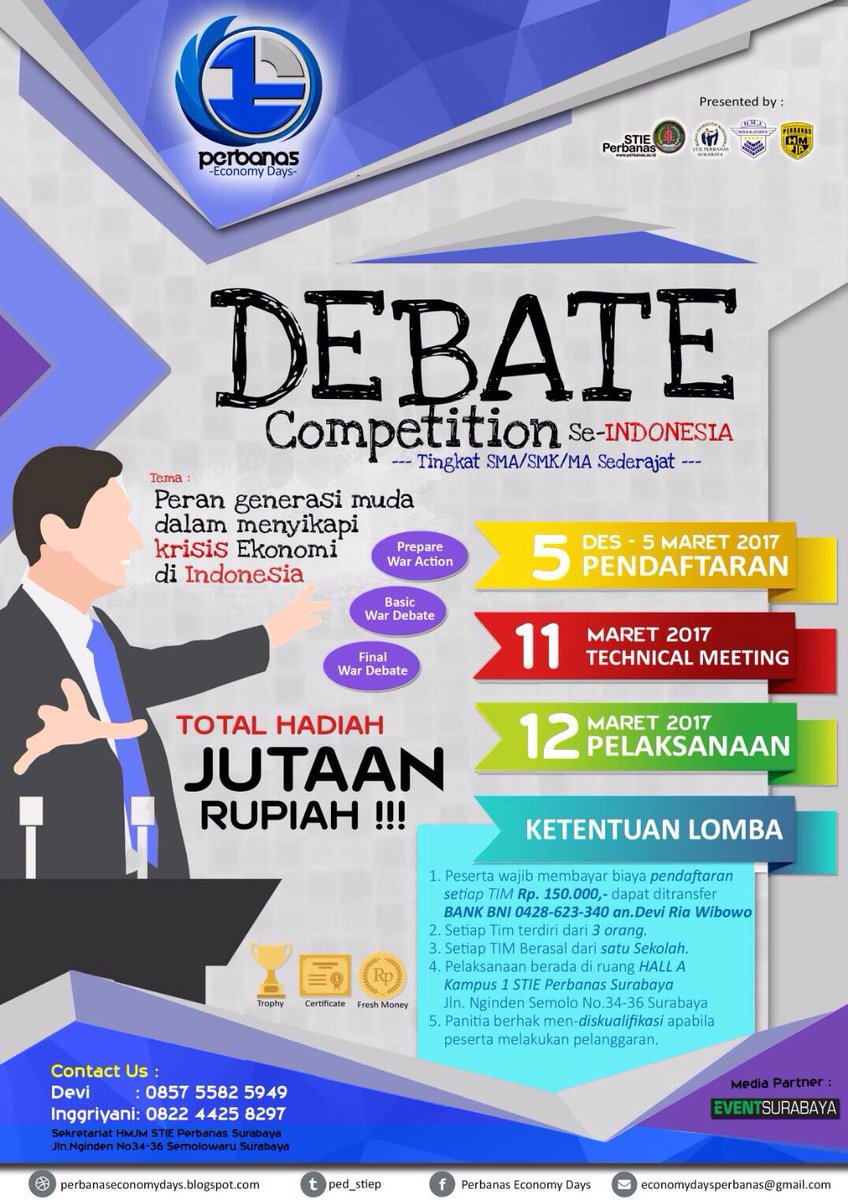 yuk yuk daftarkan tim kalian 😊
PED (PERBANAS ECONOMY DAYS) 
Economy Debate Competition tingkat SMA/SMK/MA Se-INDONESIA