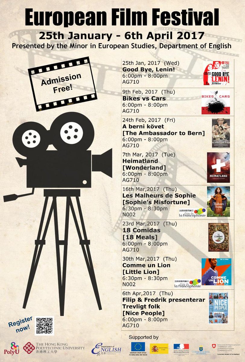 HKPolyUENGL's tweet photo. #EuropeanFilm Festival at #PolyU, thanks to #EUOffice & #European consulates. FREE seats https://t.co/HssokxeRs2 @SwissCGHK @SwedeninHKandMO https://t.co/j5pJ3UDvxL