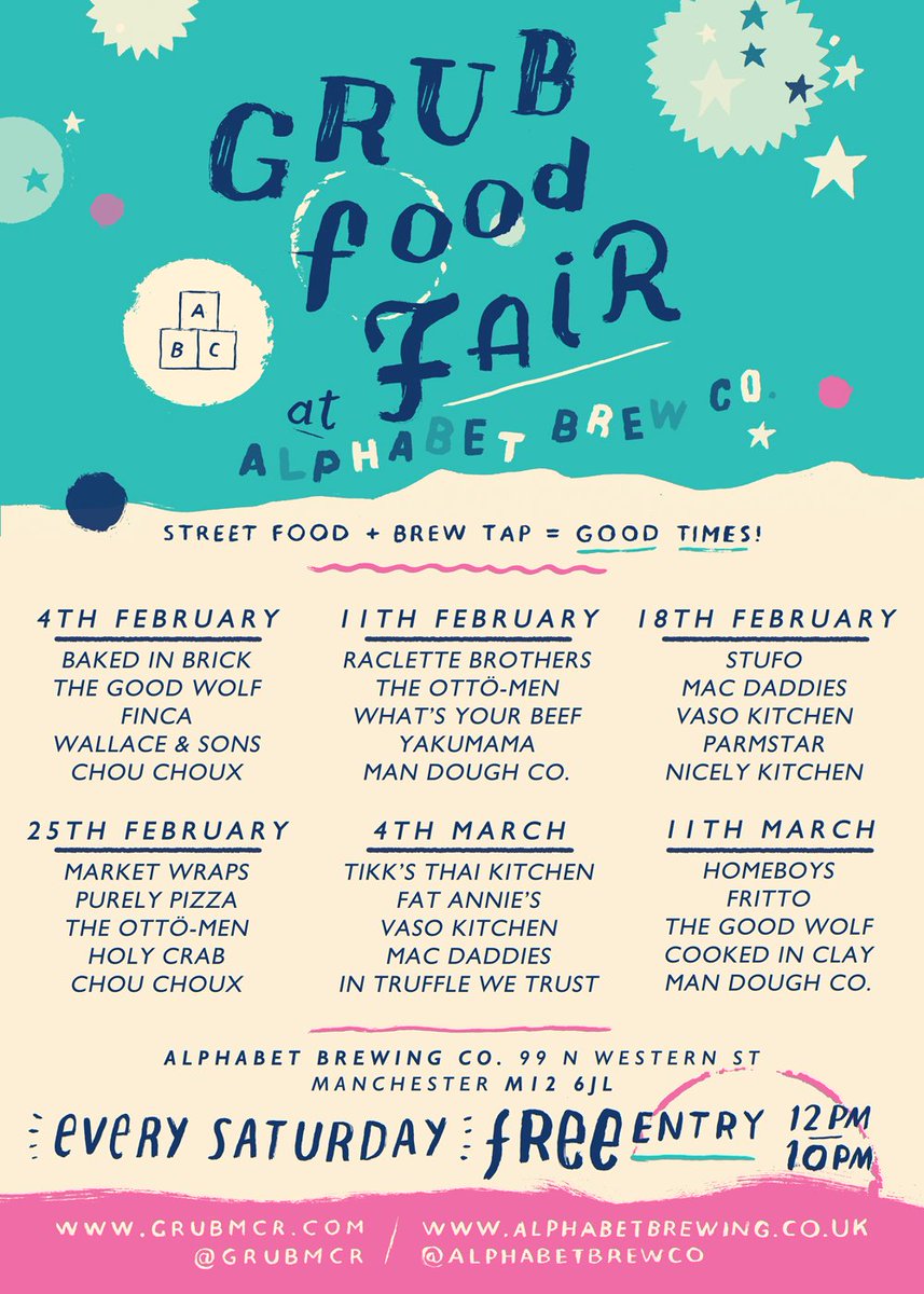 GRUBMCR's tweet photo. Follow &amp; RT to win...

1 X GRUB from each trader
5 X BOOZE

#GRUBFoodFair RE-LAUNCH!
Saturday 4th February @AlphabetBrewCo https://t.co/rbqN1ZUiVN
