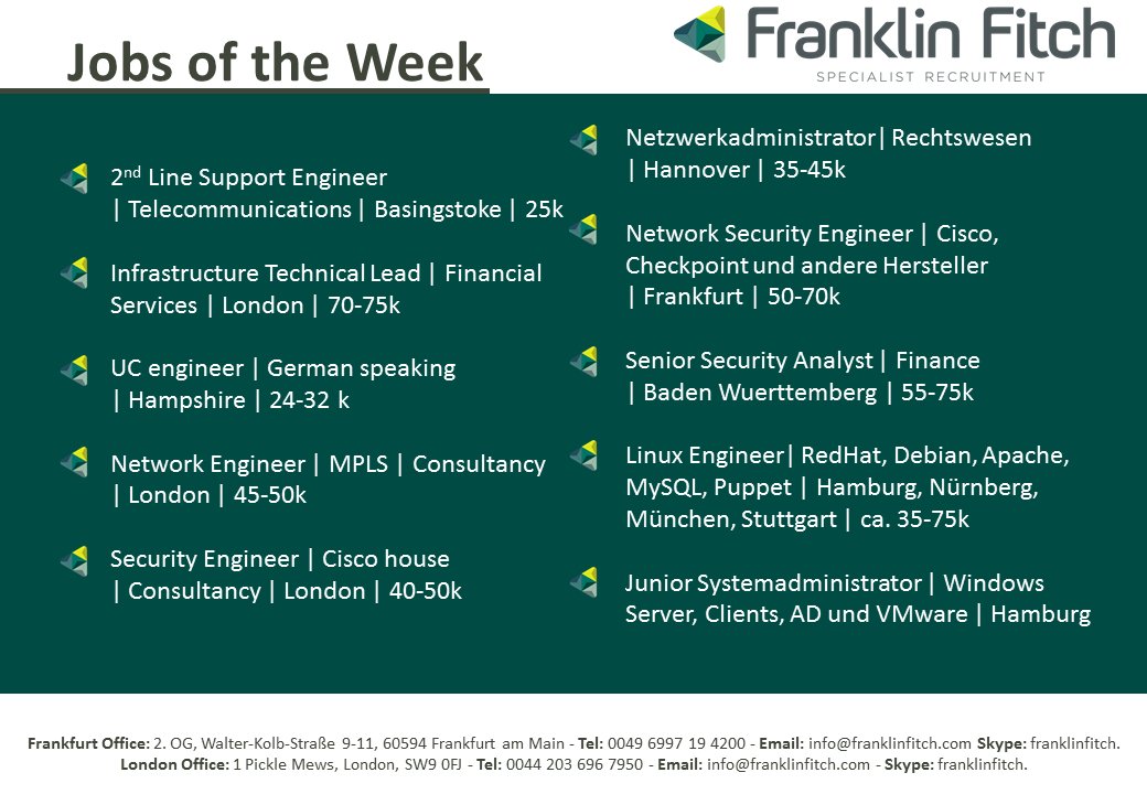 Franklin Fitch Happy Wednesday Check Out Franklin Fitch S Jobs Of The Week And Get In Touch Nowhiring Uk Germany Cisco Networkengineer Infosec T Co Kxegqixufu