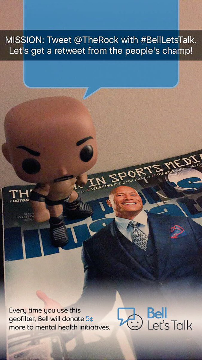 Much's tweet image. Can we get a #BellLetsTalk RT from @TheRock? It'll help raise millions (&amp;amp; millions!) for mental health programs and drop an elbow on stigma.