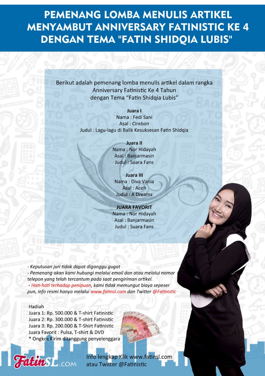 Congrats🎉👏 ,Buat Pemenang Lomba Menulis Artikel Bertema <a href="/FatinSL/">Fatin Shidqia Lubis</a> dalam rangka #HUT4FATINistic ,cek di fatinsl.com/pemenang-lomba…
Terimakasih 😊