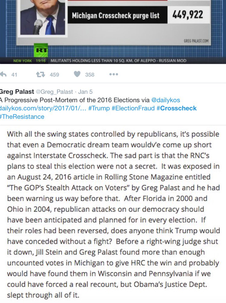 DeathOverTrump's tweet photo. @mmurraypolitics @concerned2345
Not a surprise! #kriskobach used illegal #crosschecks to #hijack #election2016. #HRC was clearly robbed https://t.co/FRElfDnByD