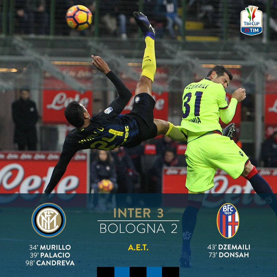 120: Selesai sudah! #Inter unggul 3-2 dan melaju ke perempat final #CoppaItalia! #InterBologna #TIMCup ⚫️🔵 #FORZAINTER