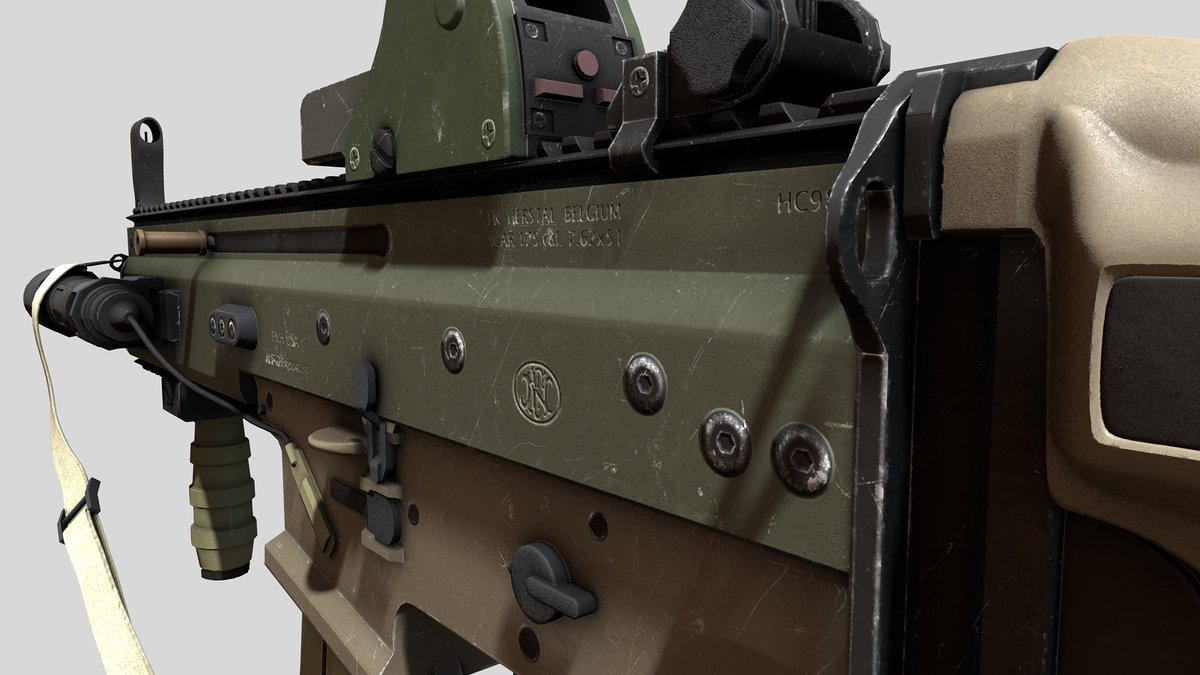 MattHegmann's tweet photo. Just finished my FN Scar rifle! Super stoked to see how well it turned out, @quixeltools is a lifesaver! #gamedev #3dart #3dartist https://t.co/YudwSfD4Sy