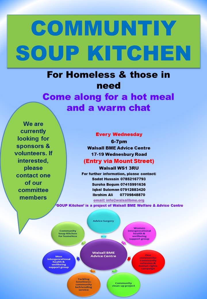 WalsallBME's tweet photo. #Community #Soup #Kitchen for #homeless &amp; those in need 
Tomorrow 6-7pm 
Pease come along for a hotmeal &amp; a warm chat https://t.co/tNbNkfiEUz