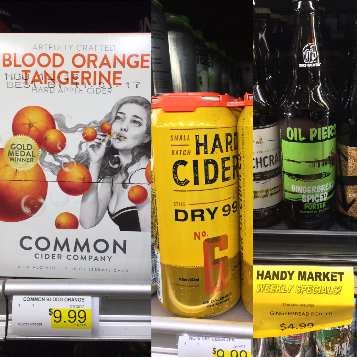 DMVineyards's tweet photo. Some of our lovely brands crushing it over at @HandyMarket @commonciderco @Number6Cider @SurfBrewery #beer #cider #Burbank #porter #beers https://t.co/fji80WElJO