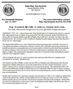 Kip_Kendrick's tweet photo. Yesterday the Gov cut Higher Ed by $84 mil. Today I filed Student Debt Relief Act &amp; Student Loan Bill of Rights. Missourians deserve relief. https://t.co/J9RzjbAUWz