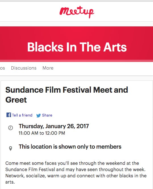 BlacksInTheArts's tweet photo. #Blacksinthearts Are you going to #Sundance2017 Join our #Meetup ! https://t.co/f1QILMO9IG https://t.co/dc9SnawVZT