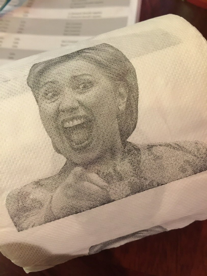 LangDarcy's tweet photo. Got this tp roll in the mail today.   My husband wants to use it 💩😎💩. #Hillary. #💩 https://t.co/l8EQPTmWic
