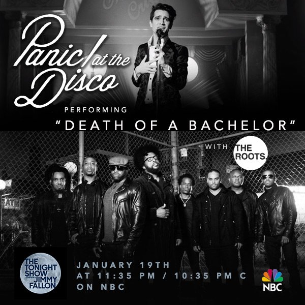 PanicAtTheDisco's tweet photo. Performing #DeathOfABachelor with none other than @TheRoots this Thursday at 11:35pm/10:35c on @FallonTonight! https://t.co/3IwNRKX3oD