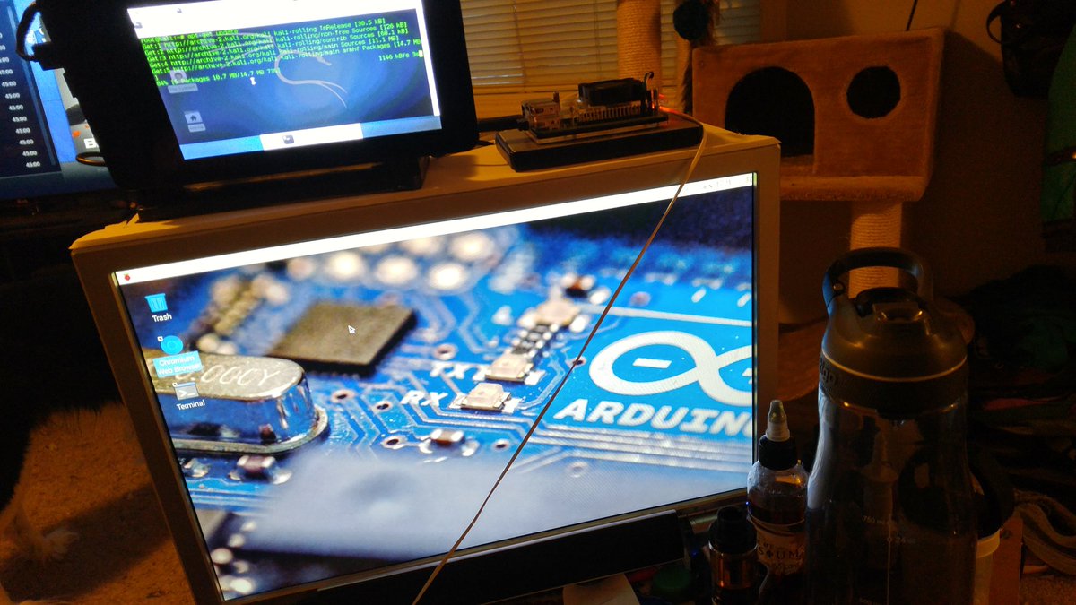 pilyfe's tweet photo. Cut down the monitor stand and added a topper for the ipbox and desktop pi 
#hak5 #RaspberryPi https://t.co/8RrnO78SXX