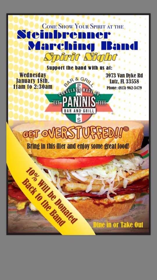 Come out to Panini's tomorrow from Tomorrow from 11am-2:30am to help support the Steinbrenner High School Band get to New York City! 💙👐💛🗽