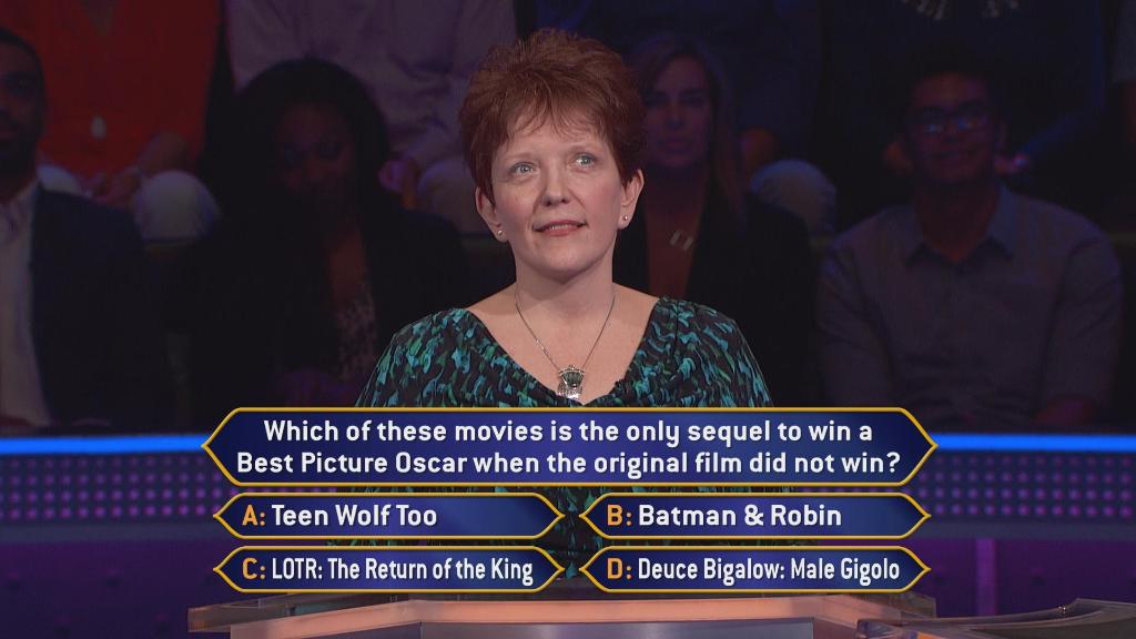 MillionaireTV's tweet photo. This woman has a case of movie sequel-itis that only the #FinalAnswer can cure. #GetawayWeek tune-in info at https://t.co/CYfxdtf0Xa https://t.co/yiWmmTshdI