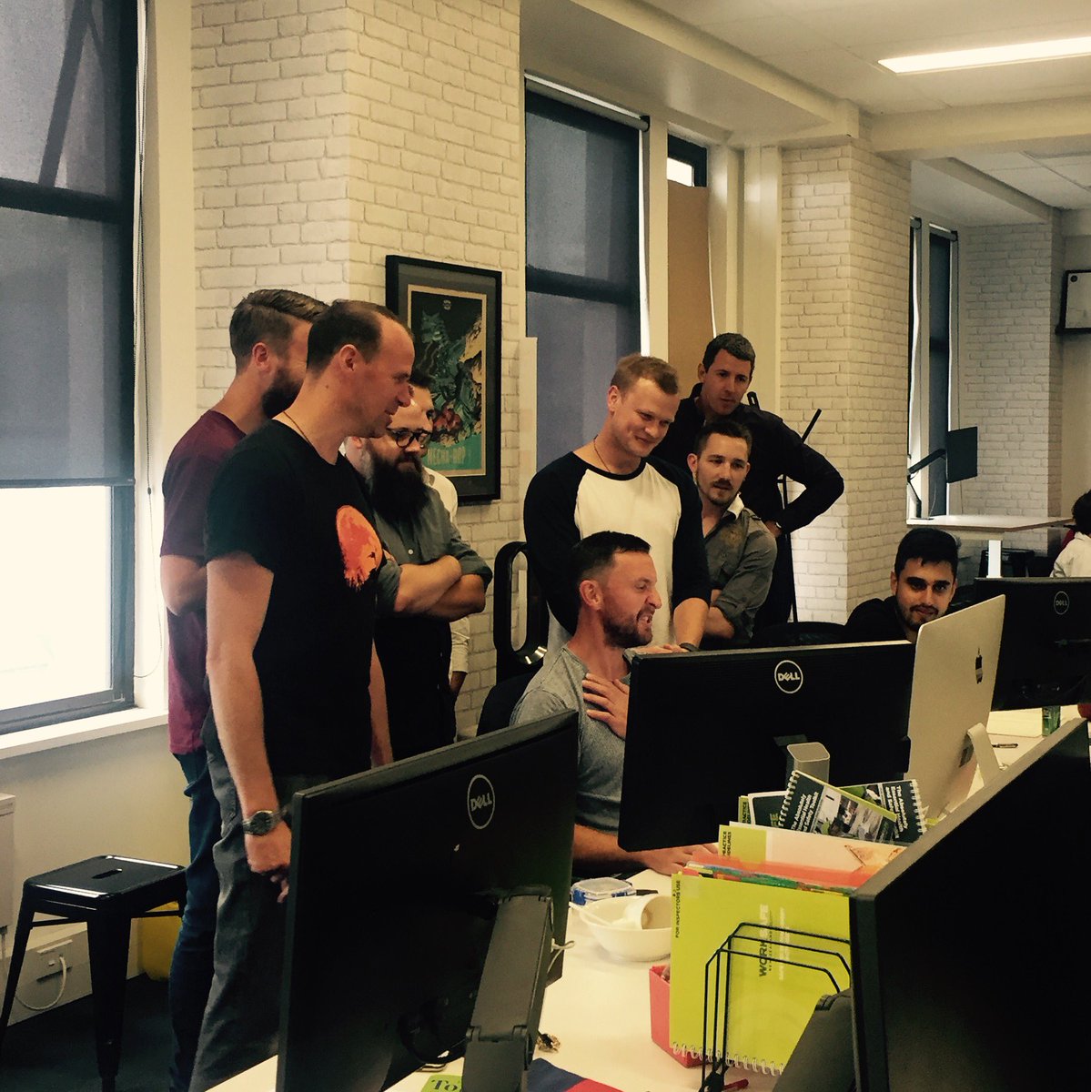 TouchcastNZ's tweet photo. Men of the office assemble for important man business #nogirlsallowed  ^JB https://t.co/F1WPZz60fx