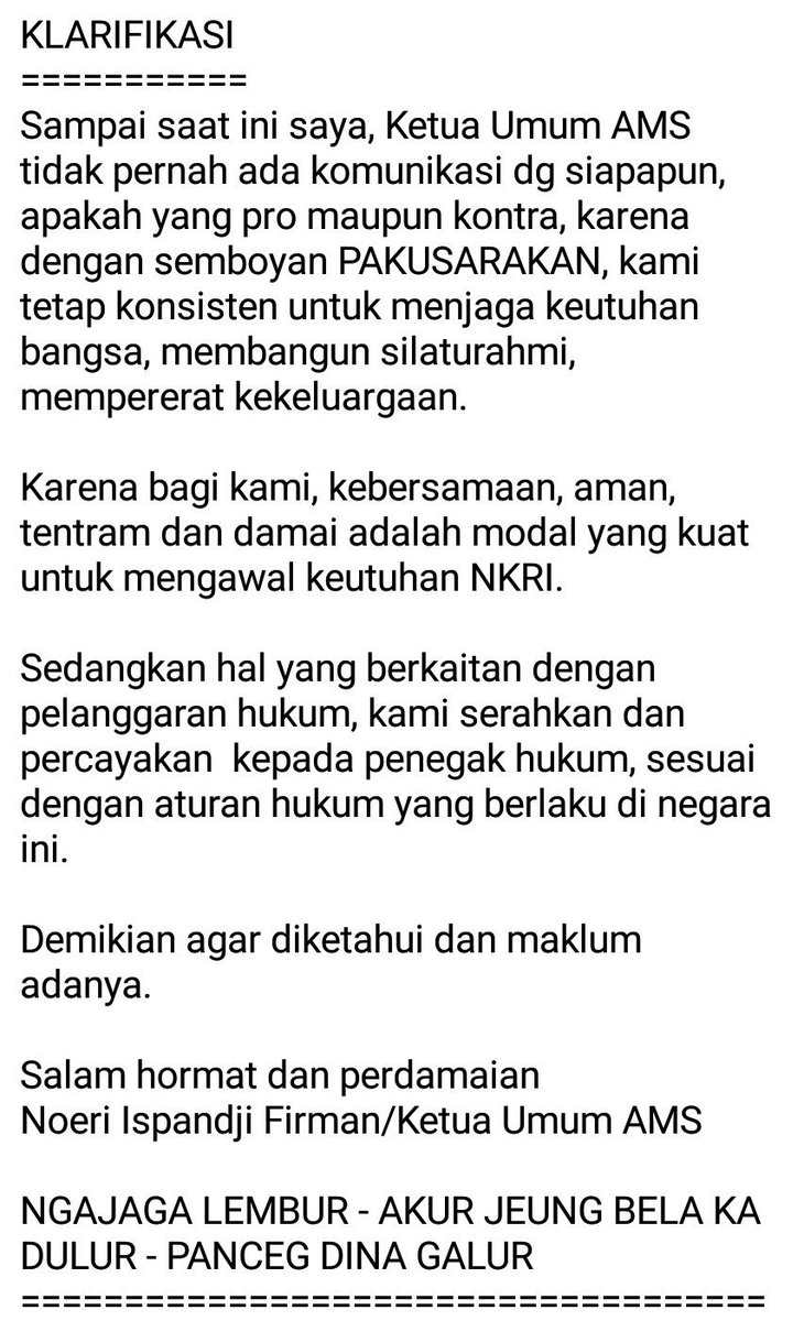 AMS_pusat's tweet photo. Klarifikasi berhubung pencatutan AMS yg telah disebarkan masuk dalam salahsatu kelompok pro/kontra terkait kejadian di Mapolda Jabar yg lalu https://t.co/iabXbVT14g
