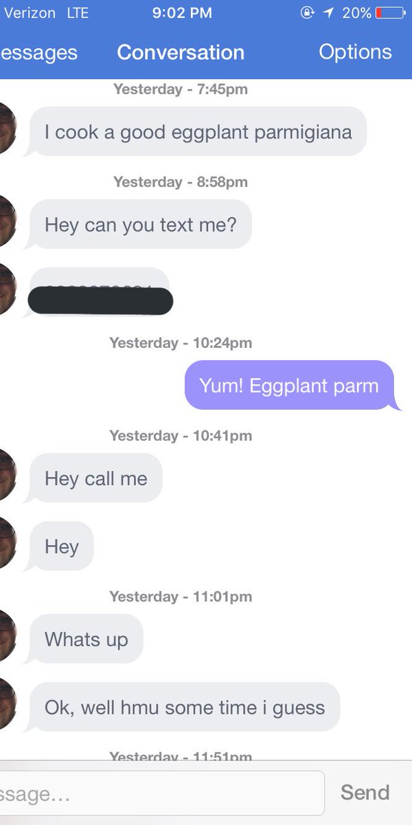 WorstTextualExp's tweet photo. Please give up. #imsoeryieverresponded #eggplantparn #callme #firsttextualexperience #funny @FallonTonight #iamarealperson #KeepTrying https://t.co/WFjZksrcsi