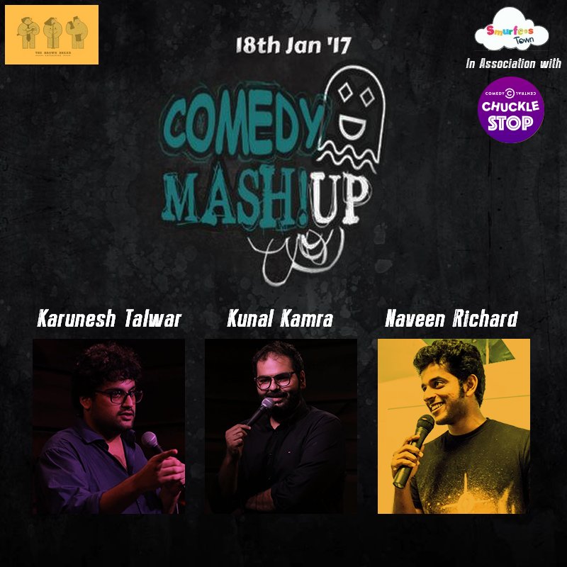 ccchucklefest's tweet photo. Comedy Mashup! Featuring @kunalkamra88 @NaveenRichard  &amp; @karuneshtalwar Tonight at Smurfees Town Tickets here  https://t.co/oPhBZT7EYB https://t.co/fL0sGs1dQw