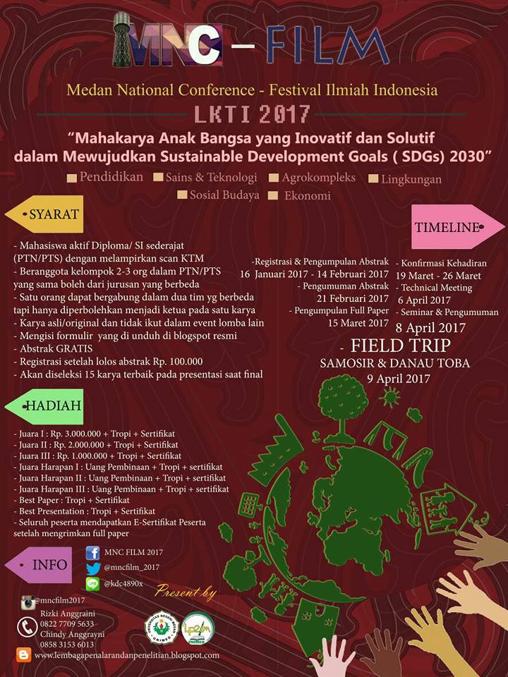 Lp2im_Unimed's tweet photo. Lomba Karya Tulis Ilmiah Nasional
MNC - FILM (Medan National Conference) 2017
#insancendikiaberdedikasiuntuknegeri
#mncfilm2017 #LKTI #LP2IM https://t.co/f7oYp3oxhJ