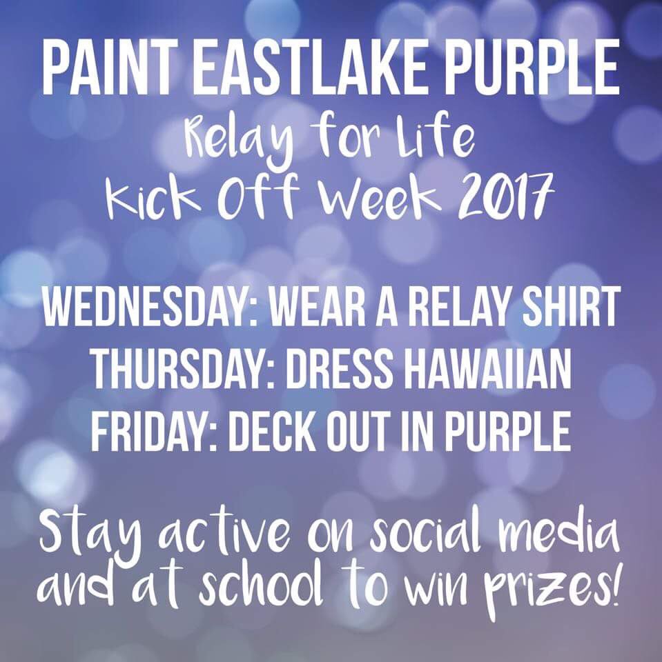 RelayforLifeEHS's tweet photo. Paint Eastlake Purple Week! KICKOFF is after school in the upper commons! Come for free pizza, games, and info! It will be RELAY fun! 😉😜 https://t.co/oviwpfSbfs