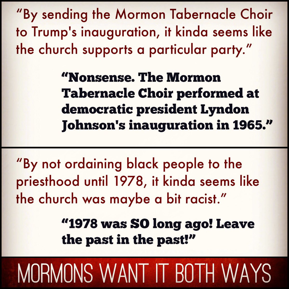 The last time the #MormonTabernacleChoir performed at the inauguration of a Democrat president, Mormons still barred blacks from priesthood.
