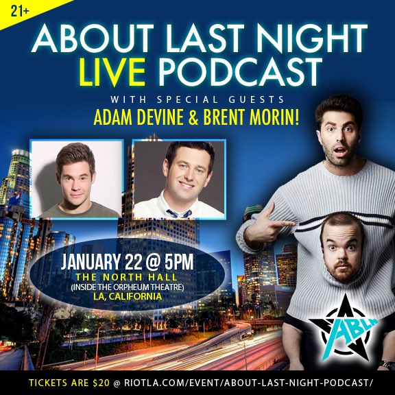 adamraycomedy's tweet photo. DON'T MISS THE LIVE @ALNpodcast at the ORPHEUM THEATER in downtown LA w/ guests @BrentMorin & @ADAMDEVINE!! Tix here https://t.co/DoeJH4fTQg https://t.co/BDYvGqQDQz
