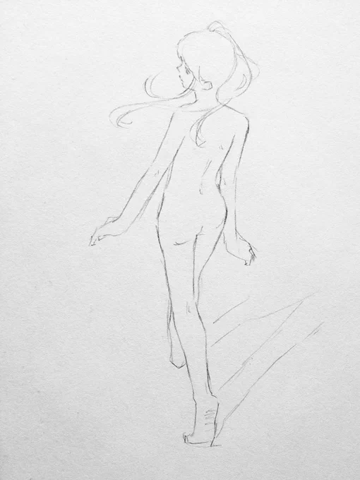先にヌードデッサンしてから、上に服を着せるように描きます。作画時間はおよそ20分、資料は一切見ずイメージのみで作画。 