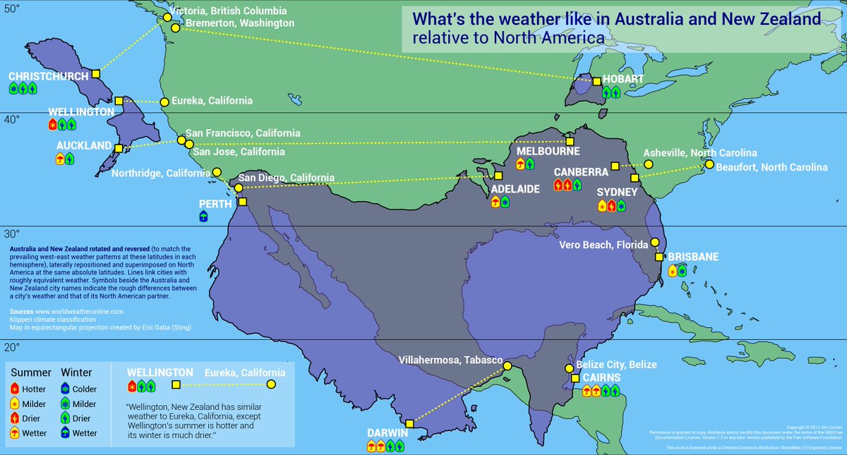 amazingmap's tweet photo. A #Map Comparing the Climate in New Zealand and #Australia to North #America https://t.co/0UaofbQaga