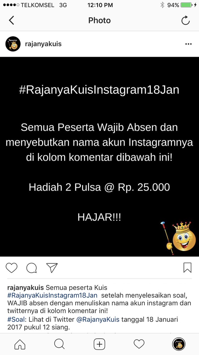 #Soal #RajanyaKuisInstagram18Jan setelah like dan komentar di akun IG sponsor, laporan ke IG <a href="/RajanyaKuis/">RAJANYA KUIS!!!</a> : tulis nama IG dan Twitter kamu.