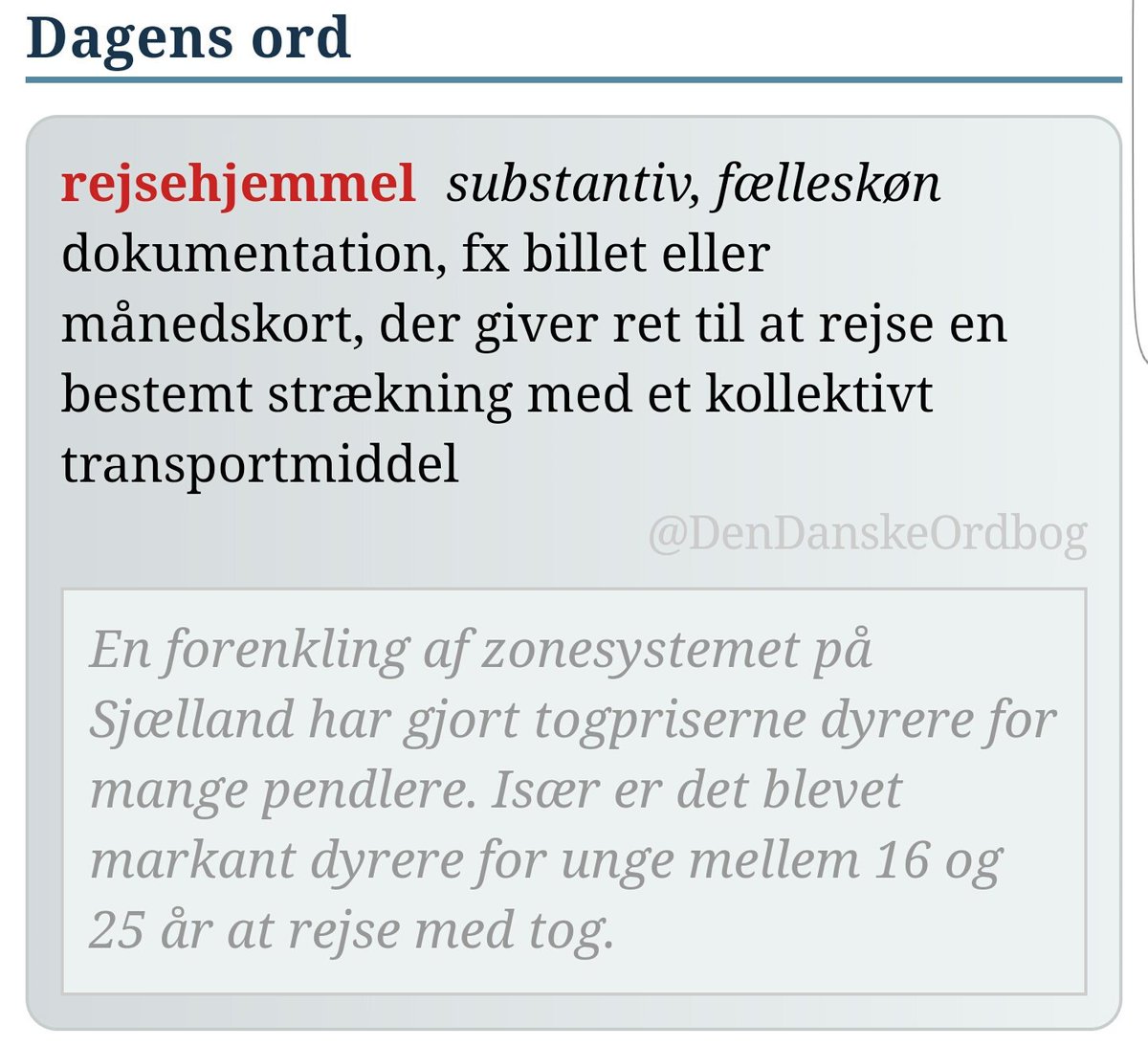 DenDanskeOrdbog's tweet photo. #forenkling #prisstigning #takstzoner #pendlerliv @omDSB @moviatrafik #Kollektivtrafik #dagensord
https://t.co/vnqhv6UJIl https://t.co/eI23wWqoDf