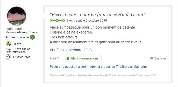 EnFinirAvecHugh's tweet photo. Même sur #TripAdvisor, on a des chouettes critiques #MerciMerci 😃🎭 – au Theatre des mathurins.

https://t.co/JF7nMm43G3 https://t.co/qmi5C2KPfr