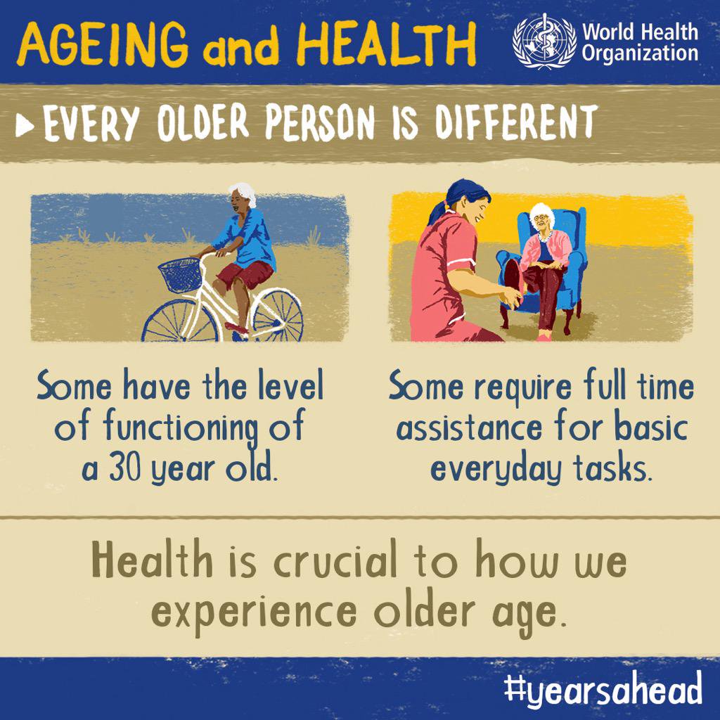 WHO's tweet photo. Ageing and health: Every older person is different https://t.co/2RRJ6epPjJ #YearsAhead #WEF17 https://t.co/I2sTsc2yPG