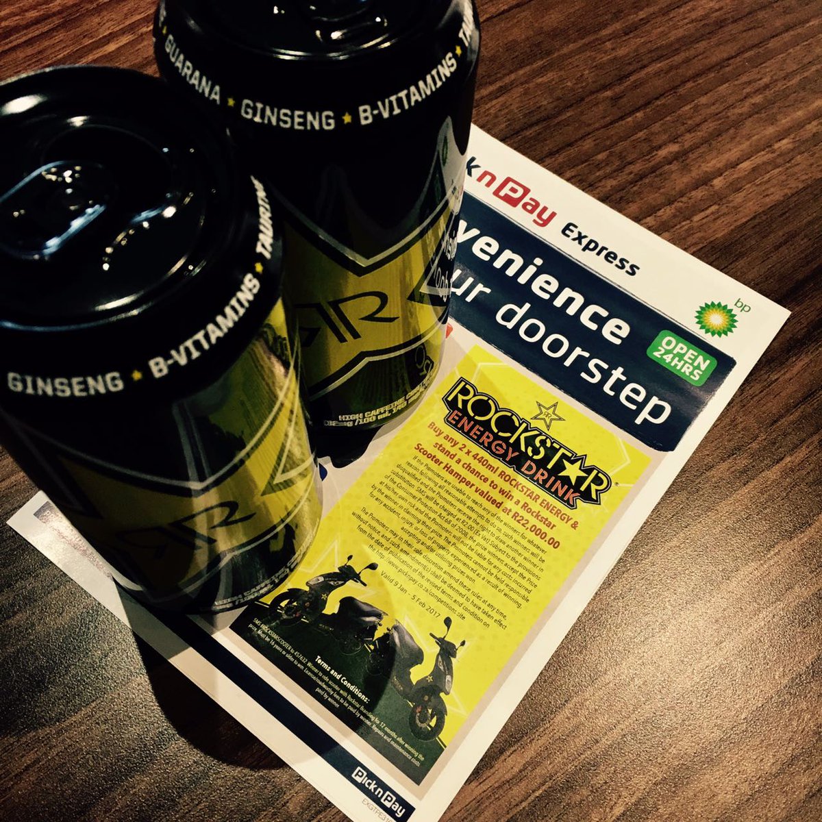 Buy any two #rockstarenergy drinks at any #picknpayexpress nation wide, to stand a chance to win a limited edition <a href="/RockstarRSA/">RockstarEnergyRSA</a> Scooter! 👊