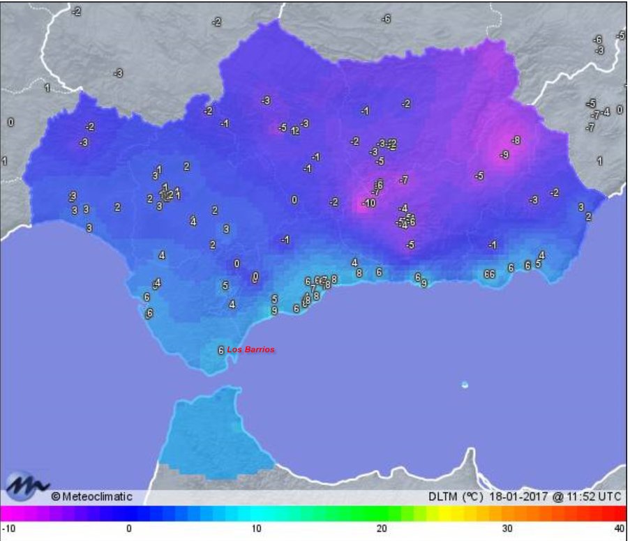 La #oladefrío deja mínimas bajo cero en muchos puntos de Andalucía. En #LosBarrios hasta el momento (13:00 h) 9°C y 0,6 l/m2.