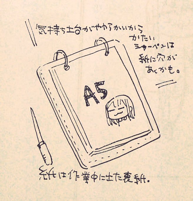 持ち運びのカバンが小さくなったのでA5サイズのクリップボードを求めて100均に出かけたら取り扱っていなかった…→それなら作ればええということでいい感じのマウスパッド(レザー調)に穴2つ空けてカードリング通して完成。5分で出来る 