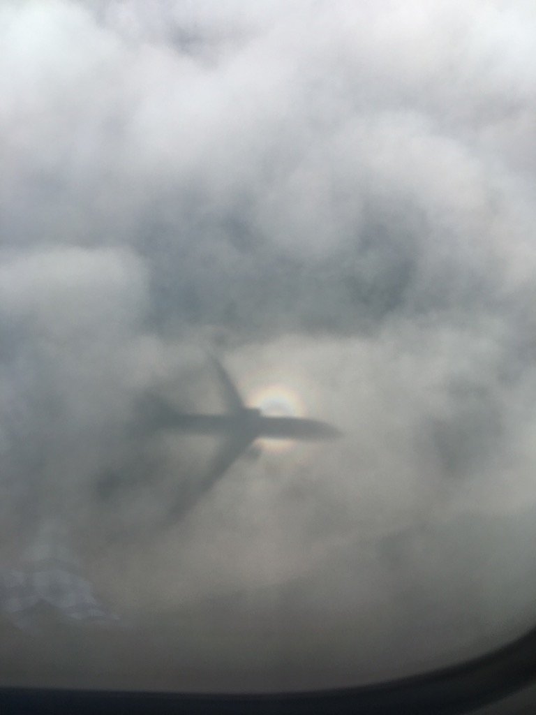 LlamaBrett's tweet photo. 'Ghost plane' and rainbow on approach to Cairns #qantasviews https://t.co/uW55rXDmTL